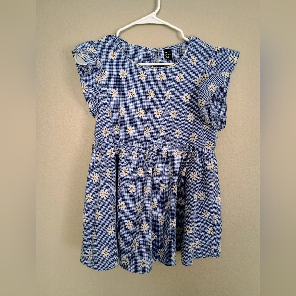 Blue White Checker White Daisy Floral Ruffle Babydoll Top Cottagecore SHEIN S